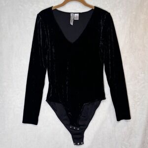 Y2K Black Stretch Velvet Bodysuit L Long Sleeve Made USA Soft Goth Balletcore